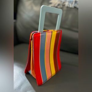 Solid & Striped mini tote, vertical multi-color stripes, matte pale blue handle